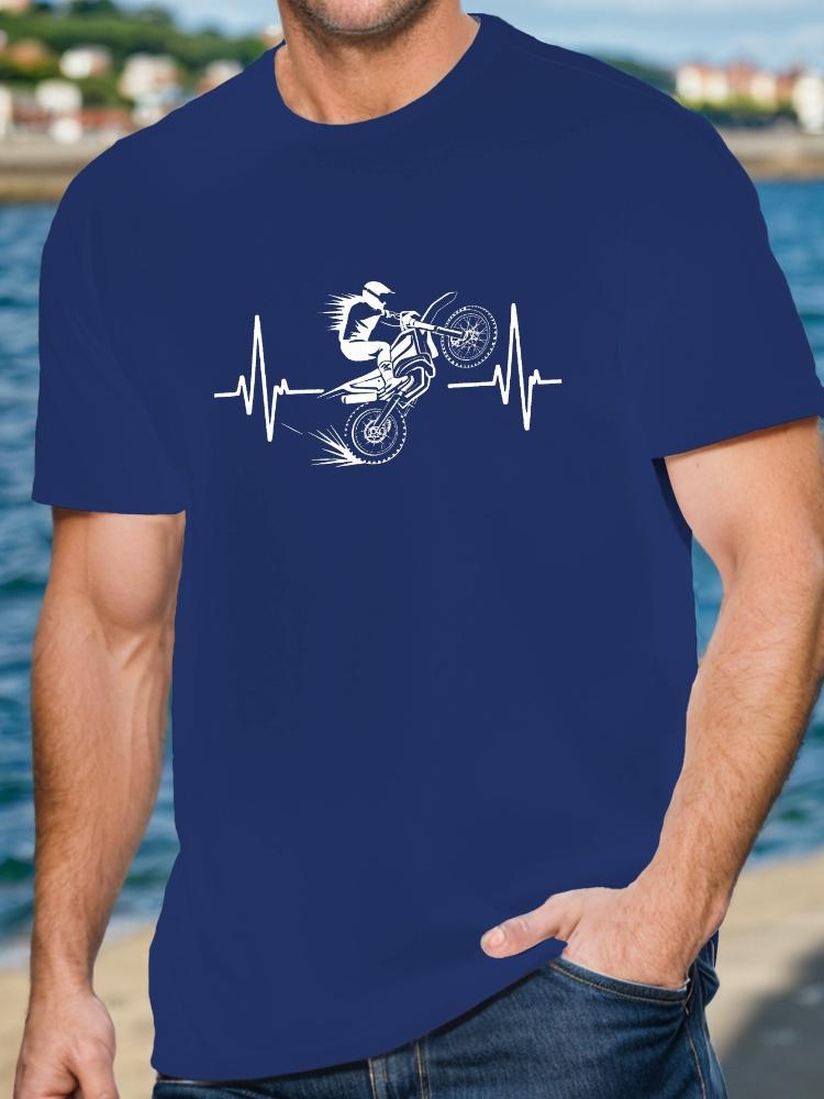 Motocross-Fahrer Grafik mit EKG-Design 100% Baumwolle Sommer Freizeit Rundhals Kurzarm Bedrucktes Herren T-Shirt