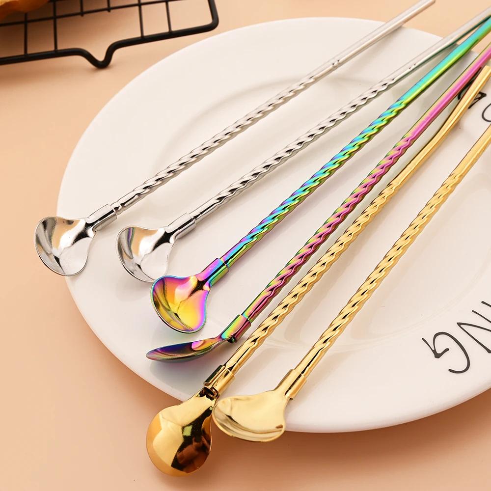 6Pcs Reusable Straw Spoon Tableware Stainless Steel Metal Straw Cocktail Drinking Straw Spoon Milk Bar Coffee Stirring Accessory