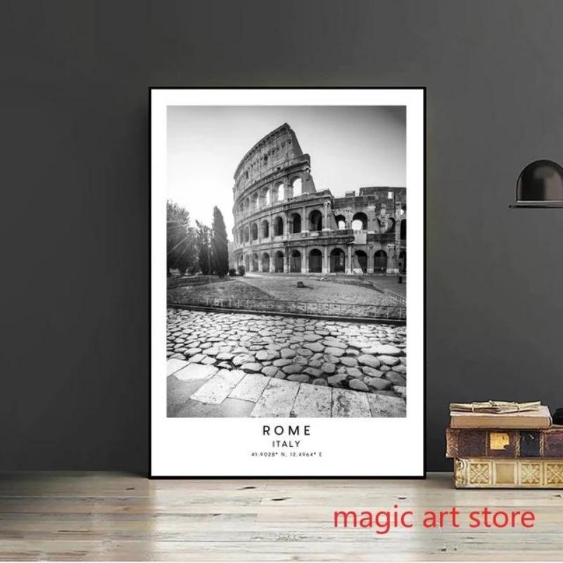Florence Italy  Rome Travel Landmarks Art  Colosseum Black and White Canvas Wall Prints  Home Decor Poster