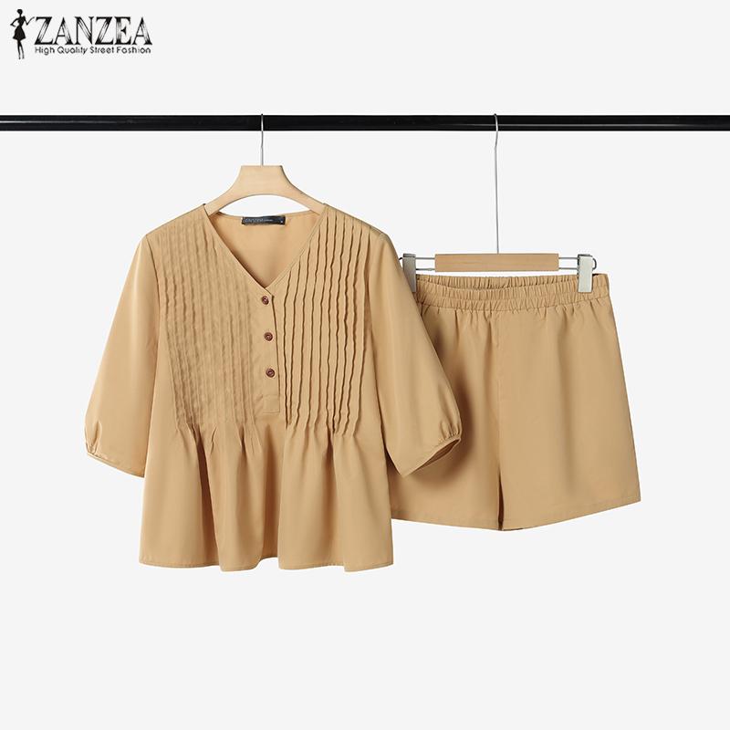 ZANZEA Set de Vară pentru Femei cu Bluză cu Mânecă Scurtă și Pantaloni Scurți