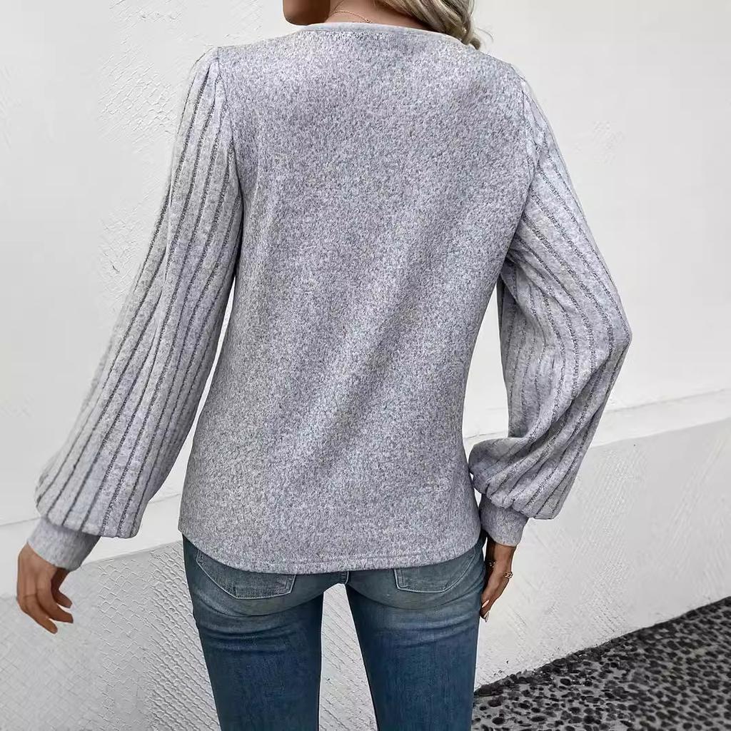 Women's V Neck Long Sleeve Top Loose Fit Urban Solid Color Button Decor Knit Blouse