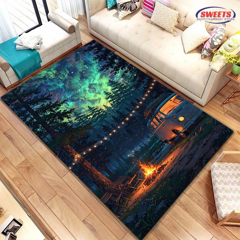 New Shelves! Outdoor Camping Theme Printed Carpet, Living Room Bedroom Office Children's Room Rug, Non-slip Machine Washable Mat