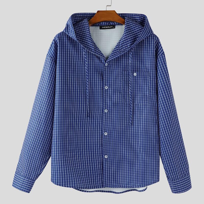 INCERUN Men Long Sleeve Buttons Plaid Print Hooded Shirts Casual Tops