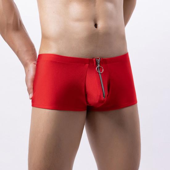 Men Boxers Zipper Closure Low Waist Elastic Solid Color U Convex Soft Breathable