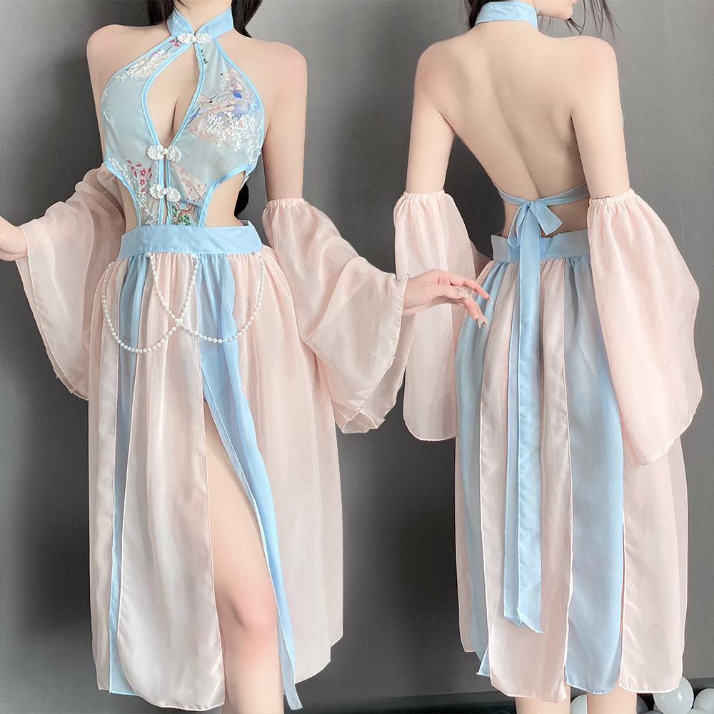 Sexy Lingerie Pajamas Hot Temptation Pure Desire Perspective Ancient Clothing Retro Hanfu Cheongsam Free Set