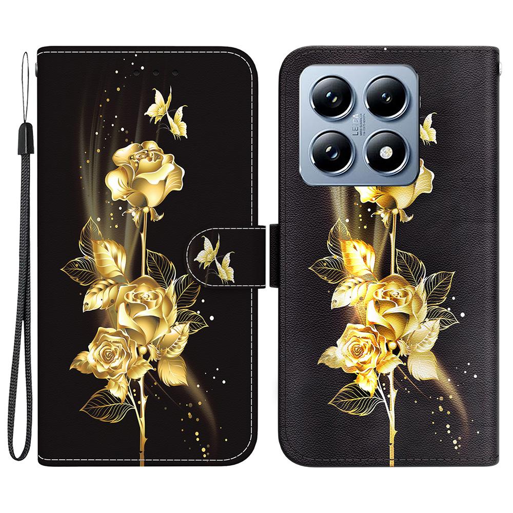 

Для Xiaomi 14T Чехол-кошелек для телефона Кожаный откидной чехол с защитой от падения Печать с рисунком Gold Butterfly Rose
