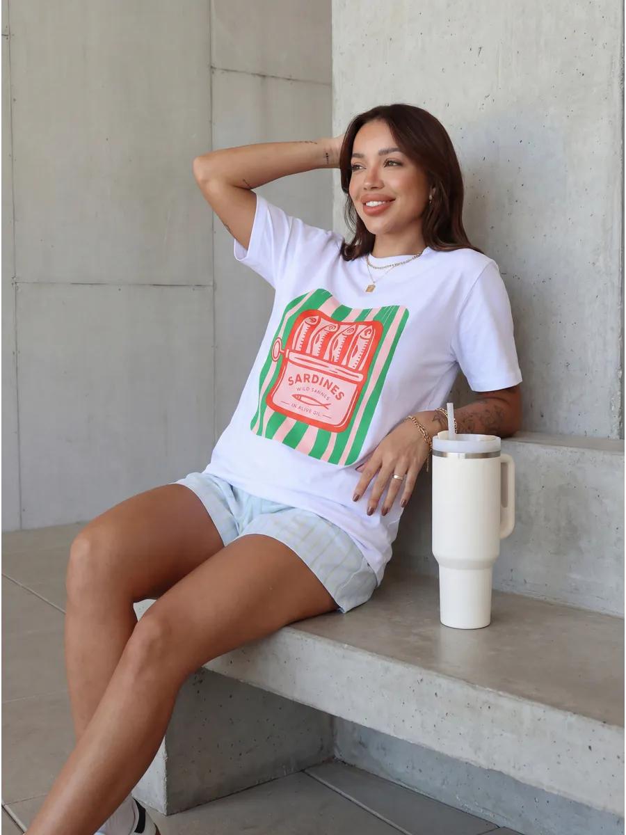 Oversized Thick Summer Sardine Print T-shirt 2XL