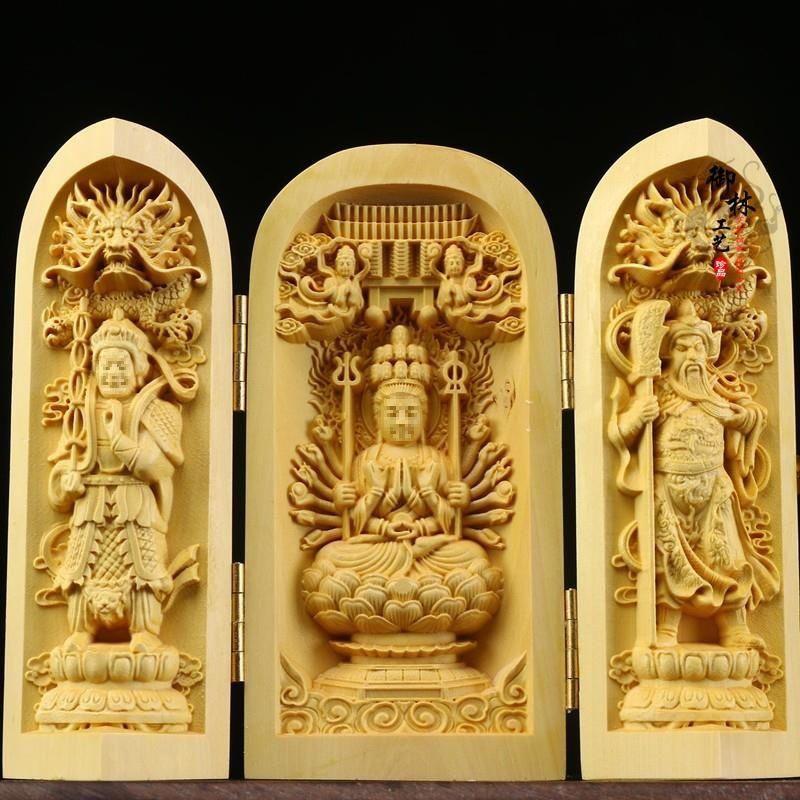Boxwood Western Three Saints Buddha Guanyin Solid Wood Portable Three-Panel Carving Ornament