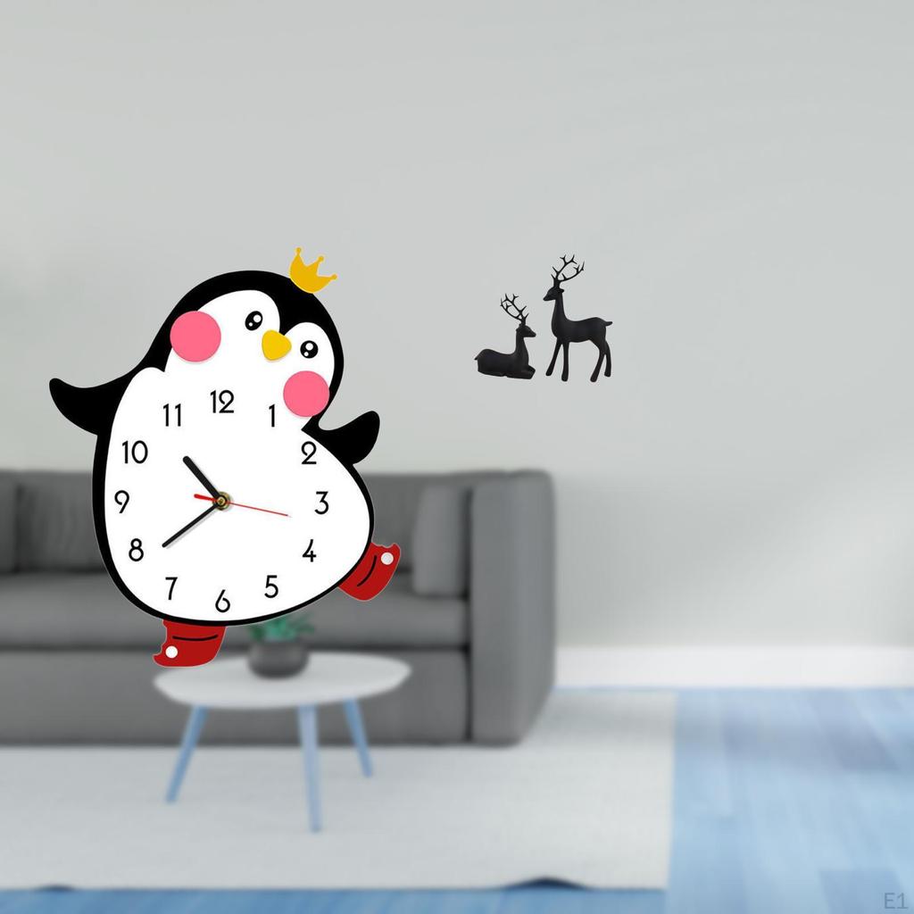 Penguin Deer Wooden Wall Clock And Resin Reindeer Figurine Set for Bedroom Living Room Study Balcony