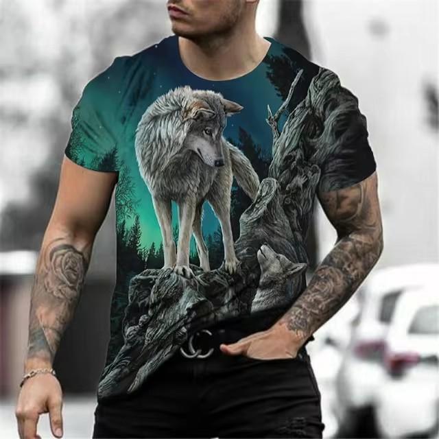 Summer Round Neck 3D Wolf Print Top Fashionable Casual Short Sleeved Men's T-shirts