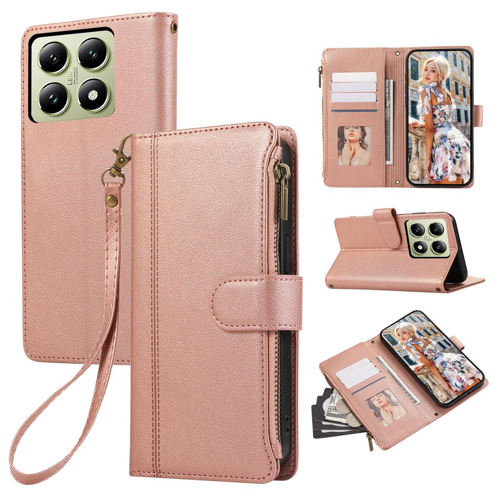 Για Xiaomi 14T Pro Θήκη Πολλαπλές Υποδοχές Καρτών Φερμουάρ Δερμάτινη Θήκη Τηλεφώνου με Λουράκι Καρπού