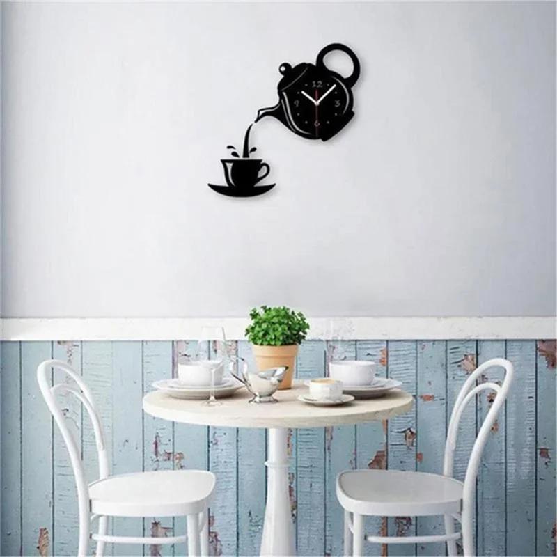 3D Coffee Cup Teapot Self Adhesive Acrylic Mirror Clock Wall Stickers for Home Living Room Decor Wall Clock Wall Sticker Clock