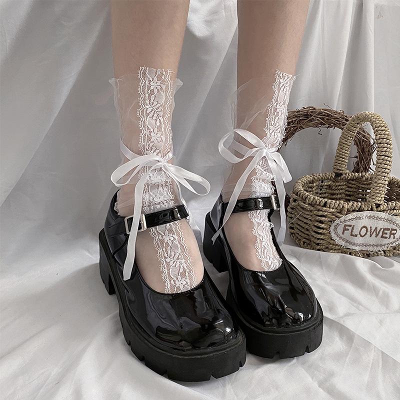 Women's Summer Thin Tie Bow Lace Glass Mesh Medium Tube Stack Socks