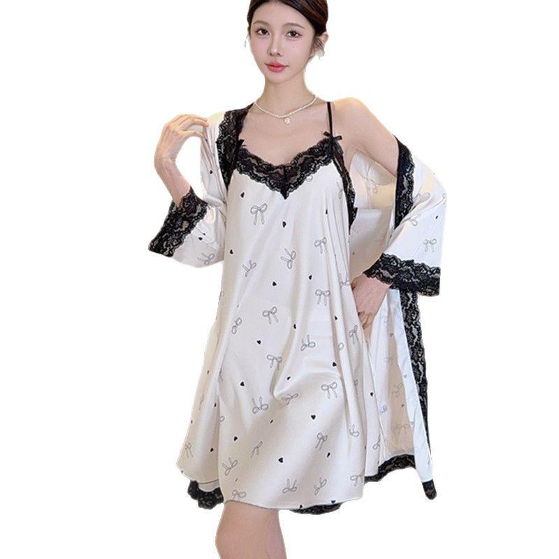Ice silk pure desire wind suspender nightdress spring and summer sexy lace nightgown high sense two-piece set sweet loungewear women