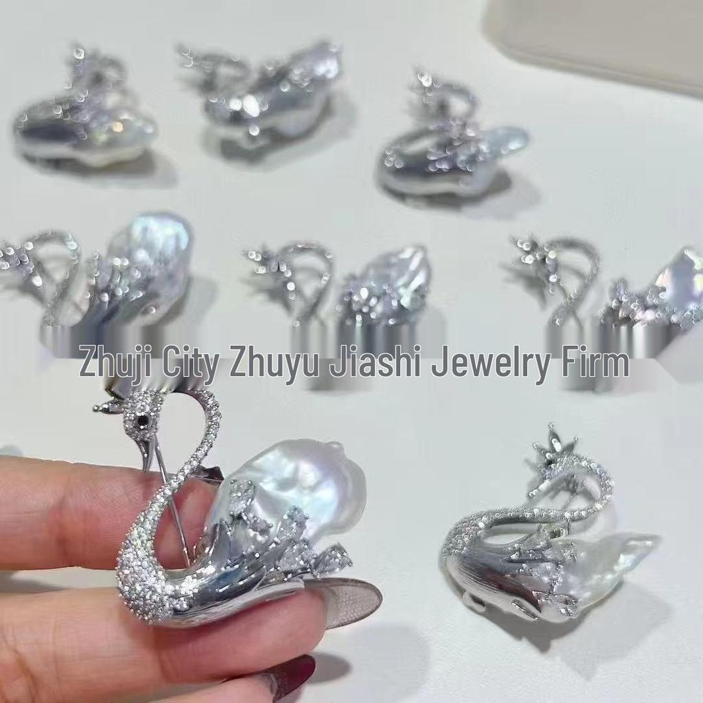 Baroque Swan Brooch: Gold & Silver Pin with Irregular Pearl, Corsage Setting - Women's Ornament Accessory