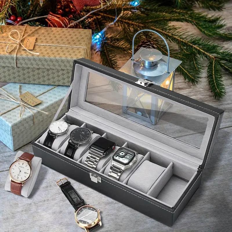 Uhrenboxen mit 6 Fächern, Aufbewahrungsbox zur Uhrenausstellung, PU-Leder, Schmuck-Sammelkoffer, Organizer-Halter, Weihnachtsgeschenk für Männer