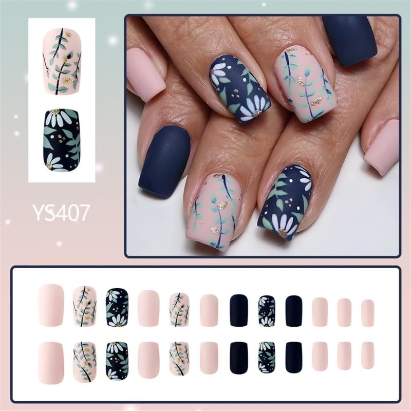 24 Pcs Autumn Winter Press On Nails Square Artificial Nails Glittering Full Cover Stick on Nails Petals False Nails