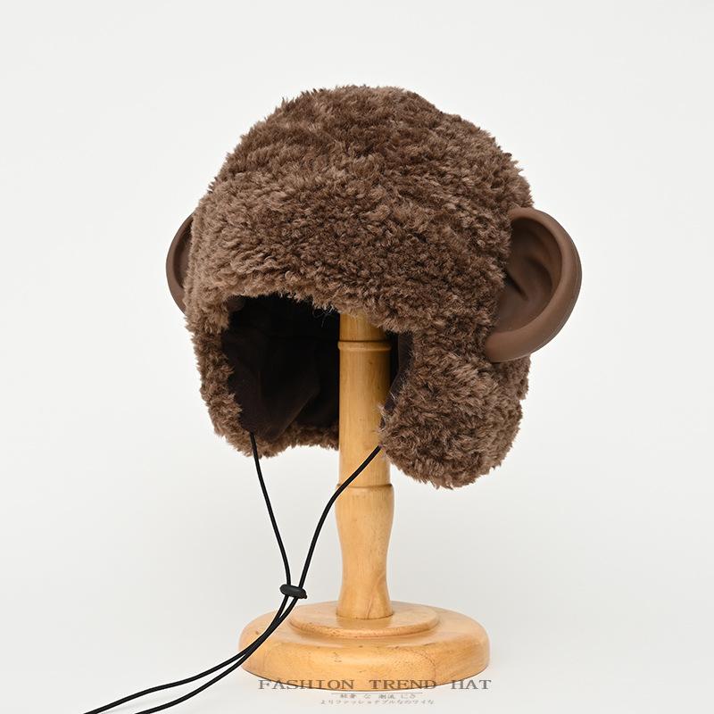 Cute Monkey Ear Hat Men's and Women's Autumn and Winter Warm Plush Hat Youth Imitation Lamb Wool Ear Protector Pullover Hat Tide