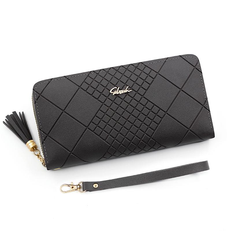 Korean-Style Women's Long Wallet with Hand Strap and Tassel Zipper Clutch