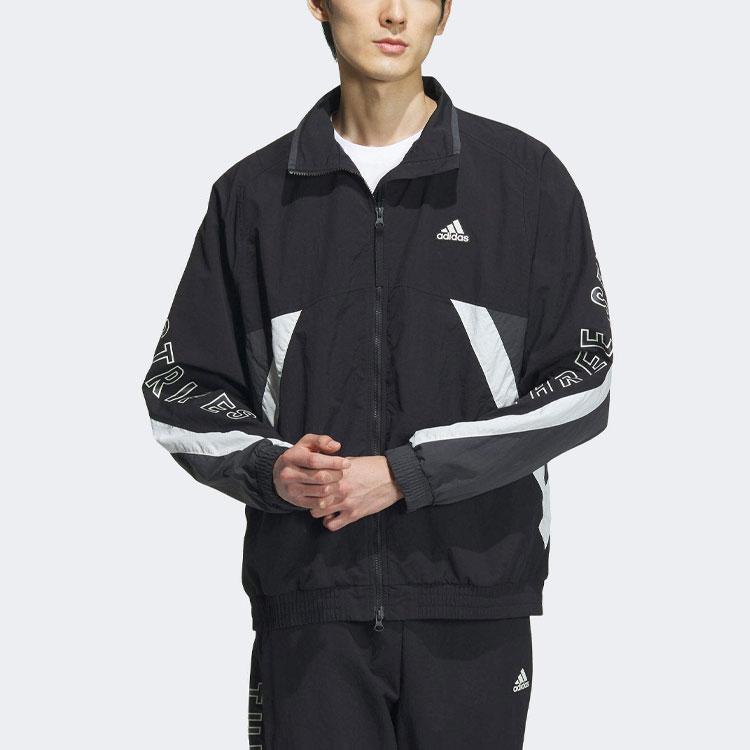 Adidas Letter Print Color Block Loose Stand Collar Long Sleeve Jacket Unisex Jacket Black IS5146