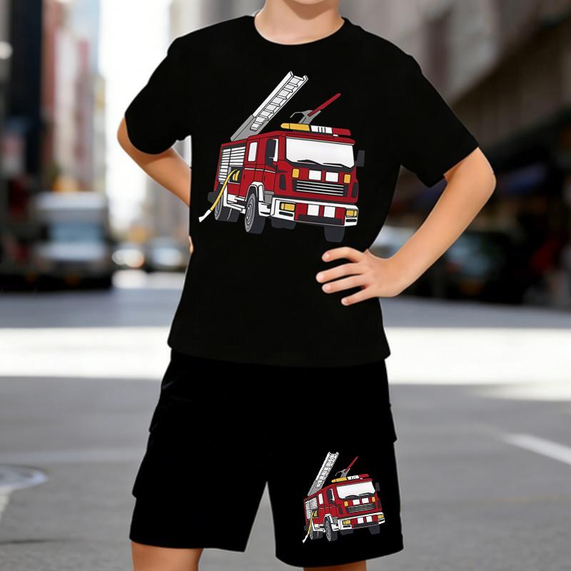

Boys 2 Piece Cartoon Fire Truck Printed Outfit, Short Sleeve T-Shirt and Shorts Set for Kids Age 5-14, Black and White Sporty Casual Summer Clothes 5-6 Years чёрный