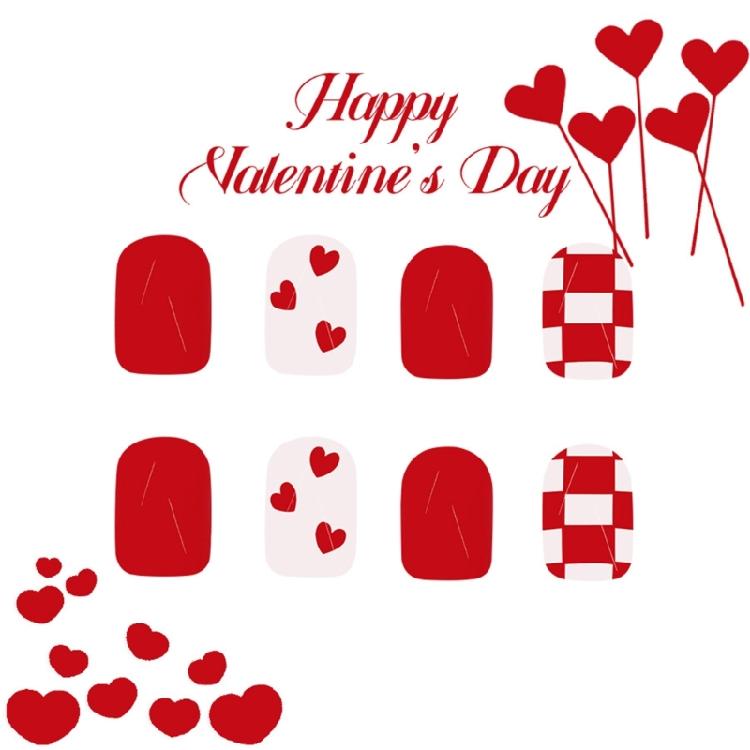 24 Pcs Valentines Day Stick on Nail Heart Full Cover False Nail Glossy Press On Nail with Plaids Manicures Supplies