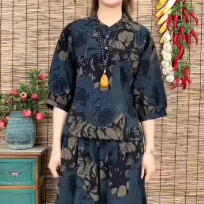 Summer Loose and Slimming Printed Casual Suit - Youthful, Concealing Fat, Fashionable and Retro Harem Pants Set of Two Pieces