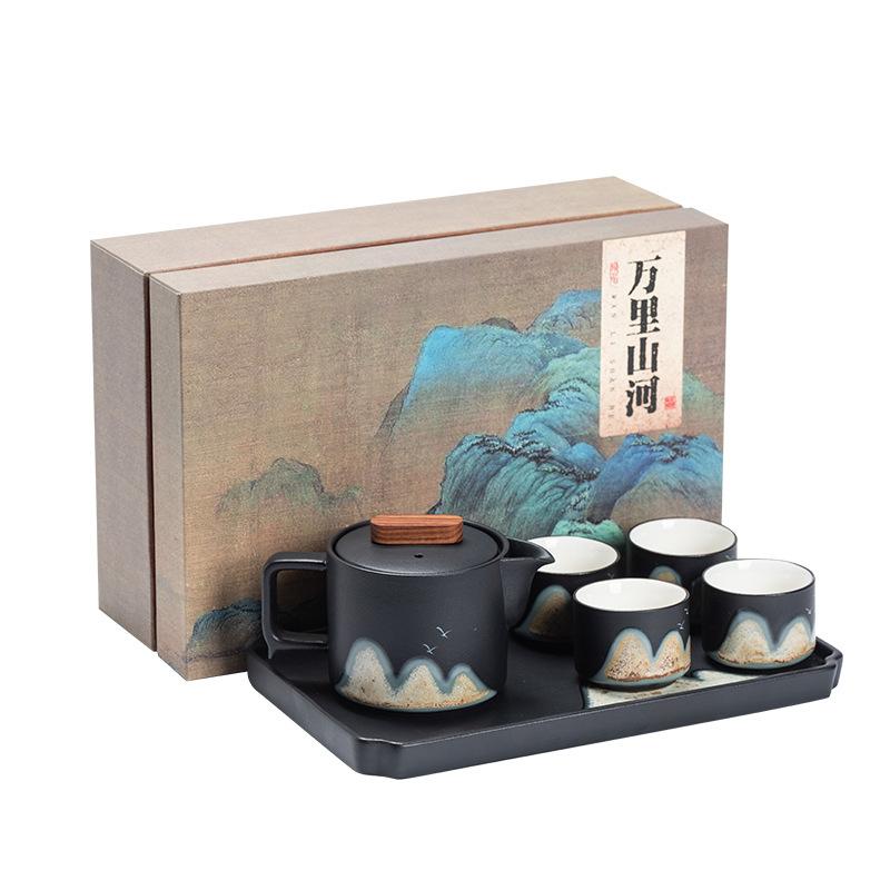 Hand painted distant mountain lifting beam teapot kung fu tea set teacup tea tray gift box hardcover high-end business souvenir
