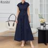 ZANZEA Women Summer Turn Down Collar Casual Sleeveless Long Dress