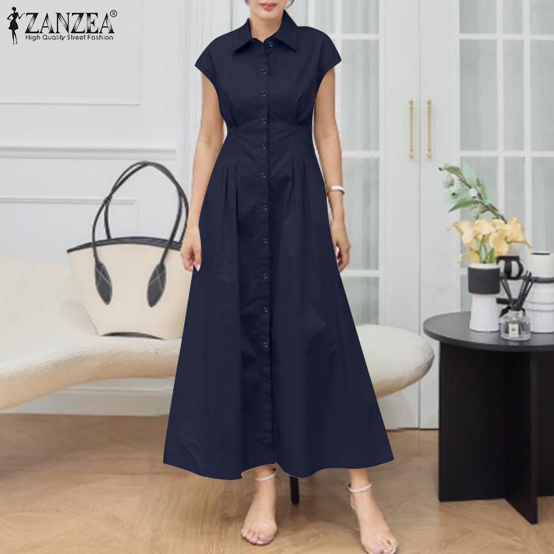 ZANZEA Women Summer Turn Down Collar Casual Sleeveless Long Dress