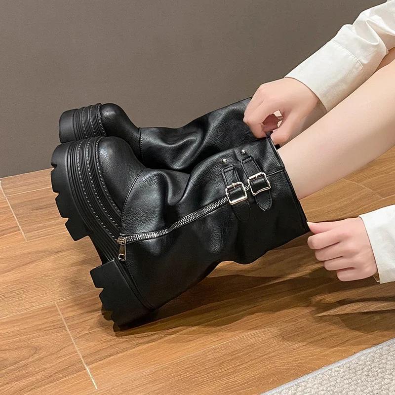Fashion 10CM Women High Platform Ankle Boots Autumn Winter Gothic Style Shoes Buckle Punk Motorcycle Boots Round Toe Chunky Sneakers