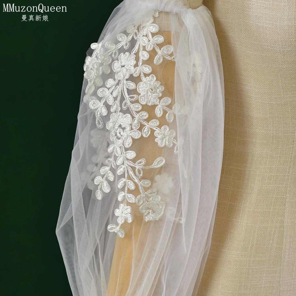 Detachable Off Shoulder Tulle Puff Arm Cuffs, Floral Embroidery Flared Bell Mesh Sleeve Covers For Bridal Wedding Strapless Gown Photoshoot