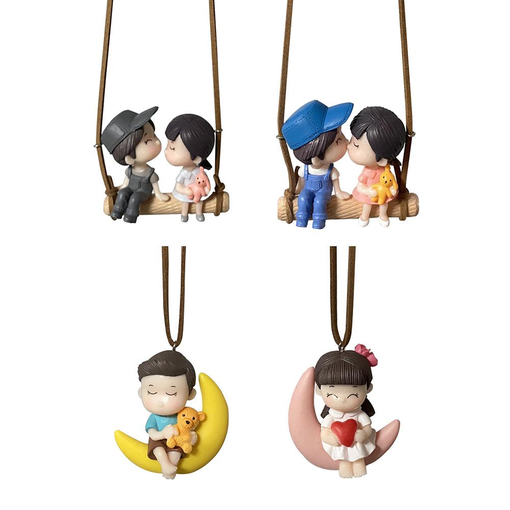 New Car Decor Swing Pendant Cute Couple on Swing Moon Rearview Mirror Interior Romantic Couple Accessories Ornament Gifts