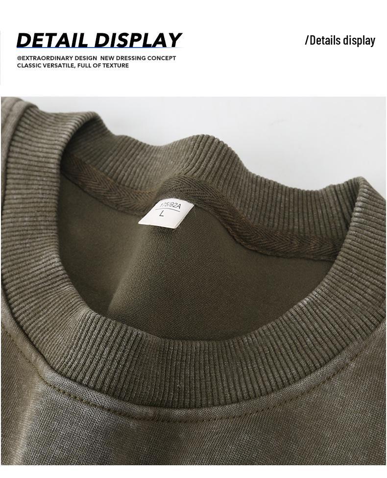 New 350g heavy-weight distressed round neck sweatshirt with snowflake print, European and American loose fit, long-sleeved