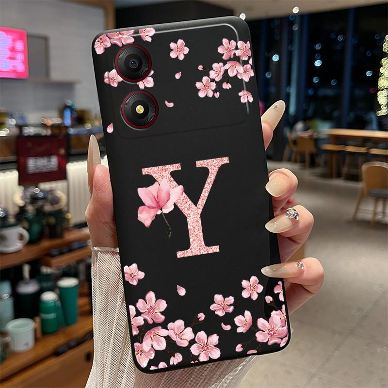Black Case For ZTE Blade A34 4G Funda Beautiful Flower Printing Initial Letters Phone Casing Soft Silicone Protective Back Cover