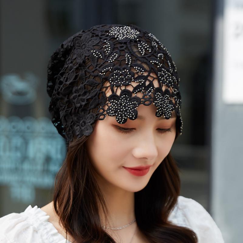 Women's Spring Summer Hollow Out Rhinestone Trimmed Ponytail Headscarf Hat Versatile Scarf Tied Multi Use Crochet Head Wrapping Hat