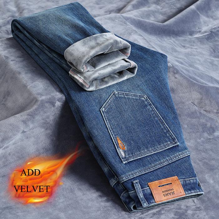 2024 Autumn And Winter Men'S Plush Thickened Warm Slim Fit Small Foot Elastic Trendy Brand Versatile Casual Denim Long Pants