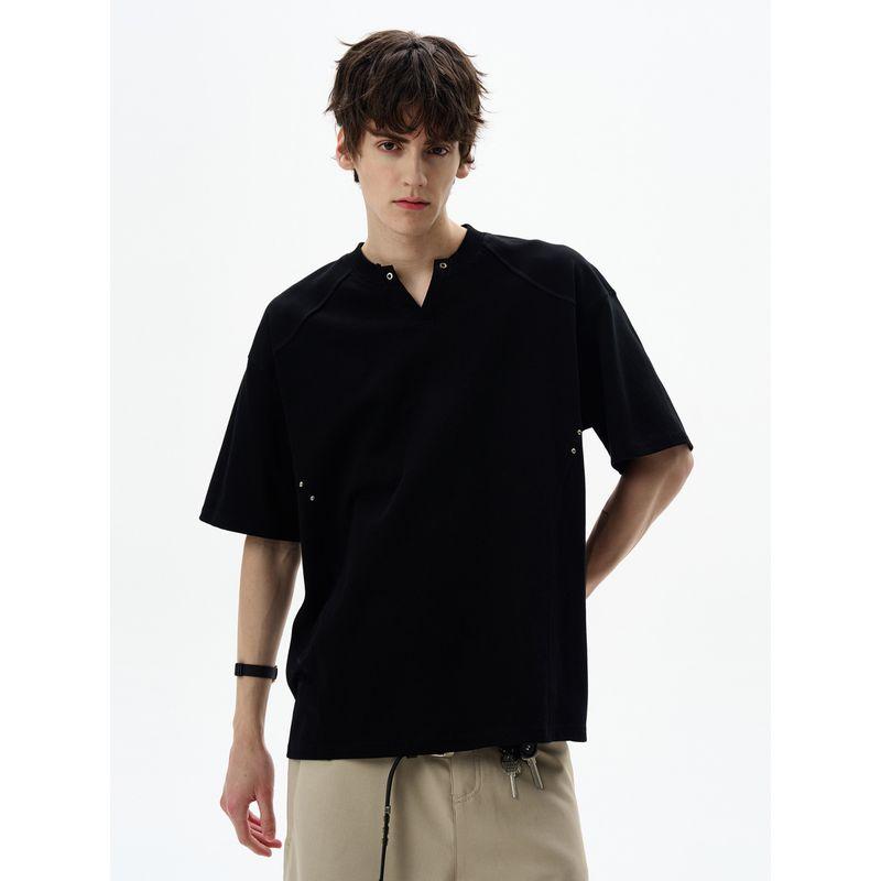 Madwitch Summer Casual Deconstructed Design Small V-Neck Short-Sleeved Unisex Loose Versatile Vibe High-End T-Shirt