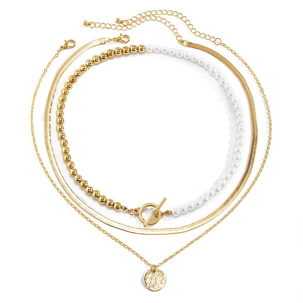 Retro Simple Imitation Pearl Tag Necklace, Hip-Hop Trend Round Bead Snake Bone Chain Necklace
