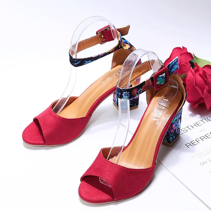 Summer New High-heeled Large-size Suede Fish Mouth Thick-heeled Pattern High-heeled Sandals