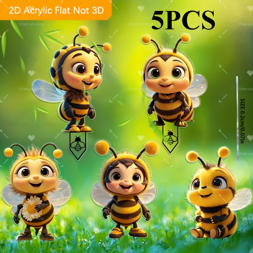 2D flat 5-delt sett Søt Bie Venn akryl hagedekorasjon for terrasser, plener og potteplanter - ideell feriegave