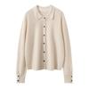 Women's Pure Cashmere Stripe Knit Polo Collar Cardigan Sweater - Autumn/Winter Long Sleeve