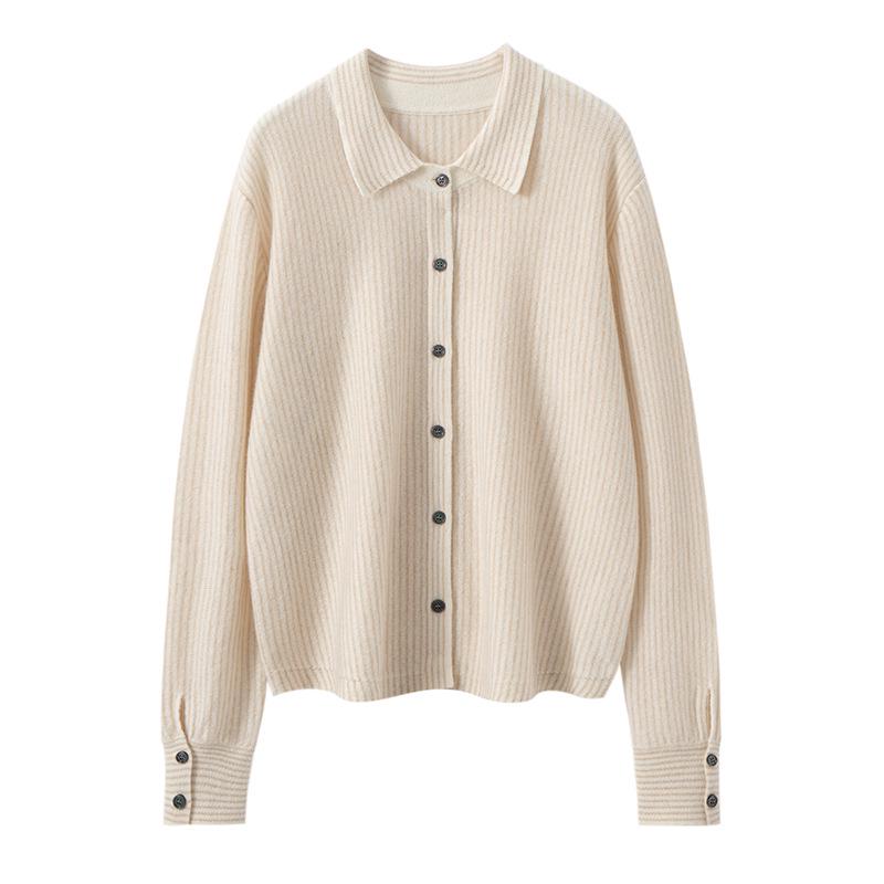 Women's Pure Cashmere Stripe Knit Polo Collar Cardigan Sweater - Autumn/Winter Long Sleeve