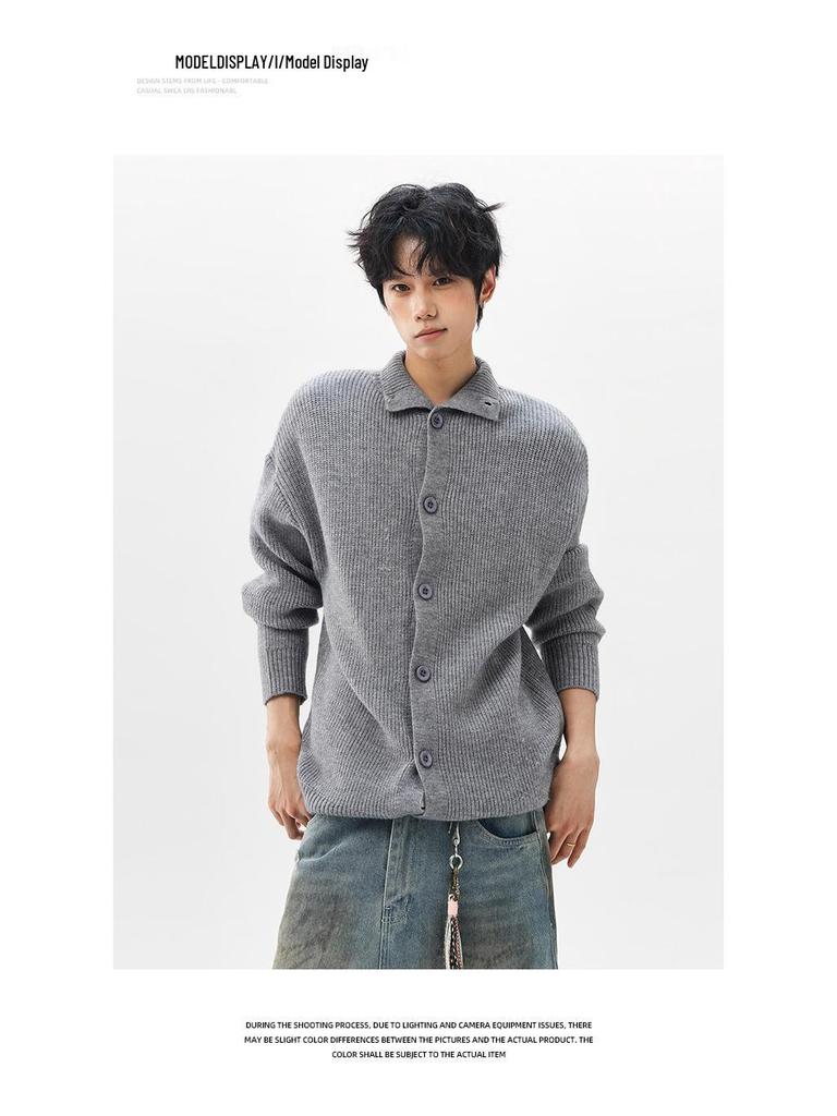 Men's Japanese Retro Solid Turtleneck Cardigan Sweater - Casual Knitwear, Trendy Stand Collar Jacket for Teens