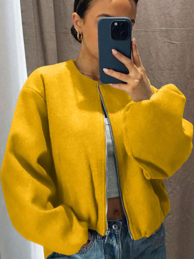 Women's Autumn/Winter Bomber Jacket - Round Neck, Drop Shoulder, Lantern Sleeve, Street Style Zip Cardigan