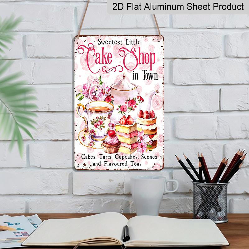 2D Flat, Vintage Aluminum Wall Art Plaque for Cake Shops, Cupcake Towers & Tea Parties - Rustic Kitchen Decor with "Sweetest Little Cake Shop in