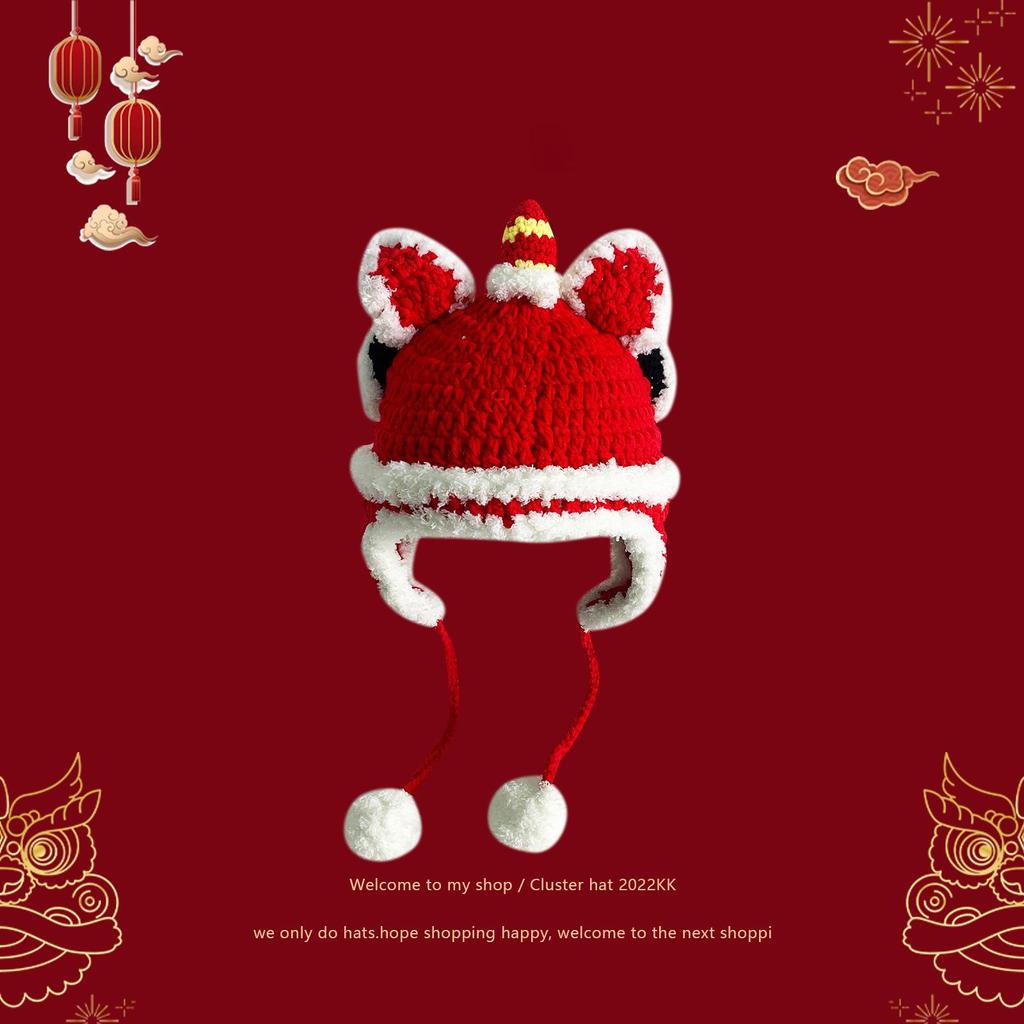 Hand‑Crochet Chinese Lion Dance Hat, Traditional New Year Knit Earflap Winter Party Festival Gift Beanie
