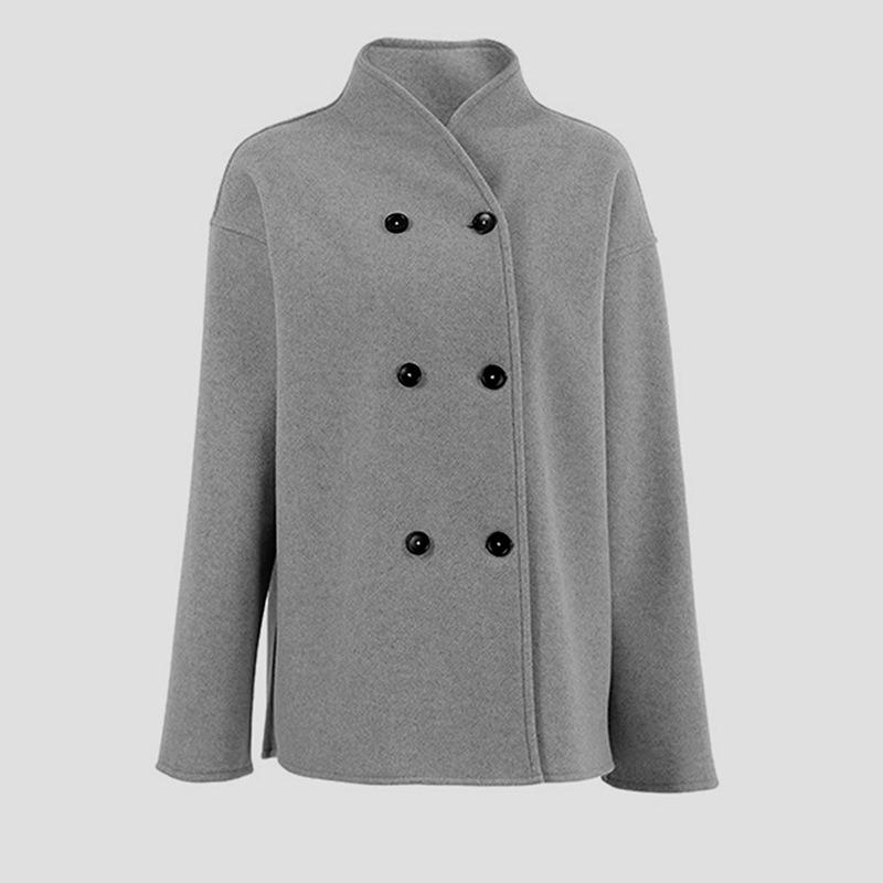 Womens Double Breasted Solid Color Woolen Coat Casual British Style Versatile Outerwear
