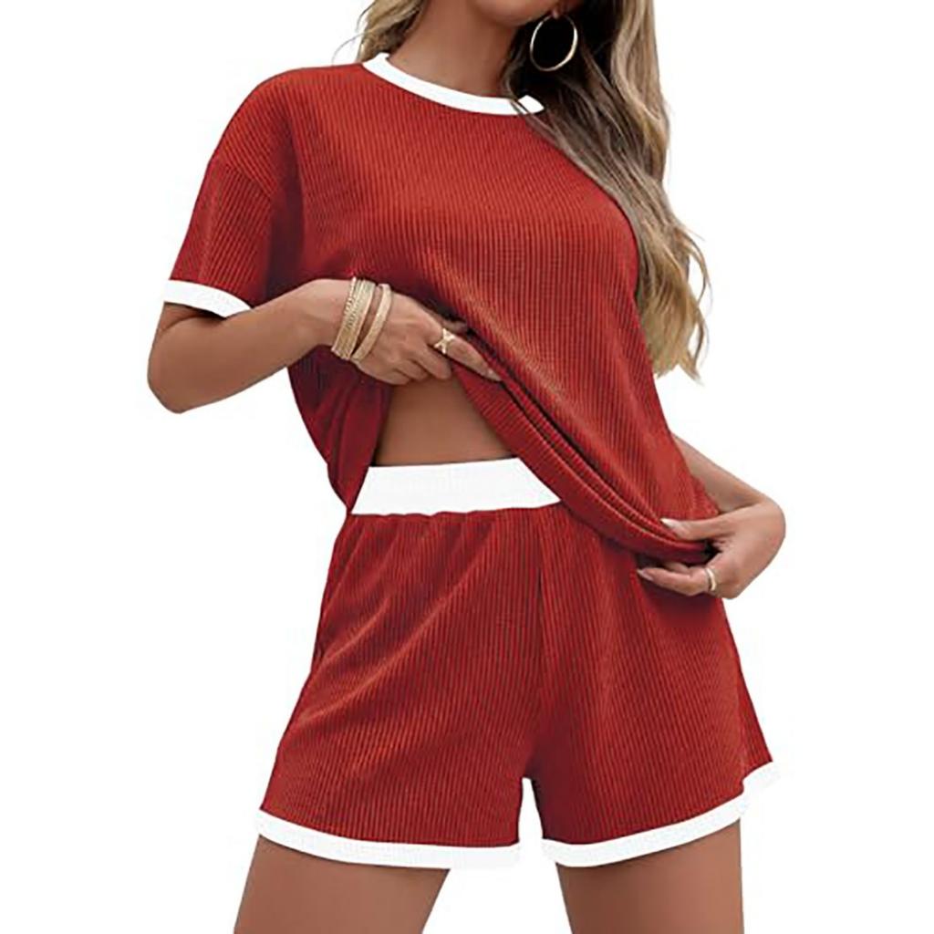 Stylish Striped Color-blocked Short-sleeved Loungewear Set For Women, Suitable For Wearing Outside.