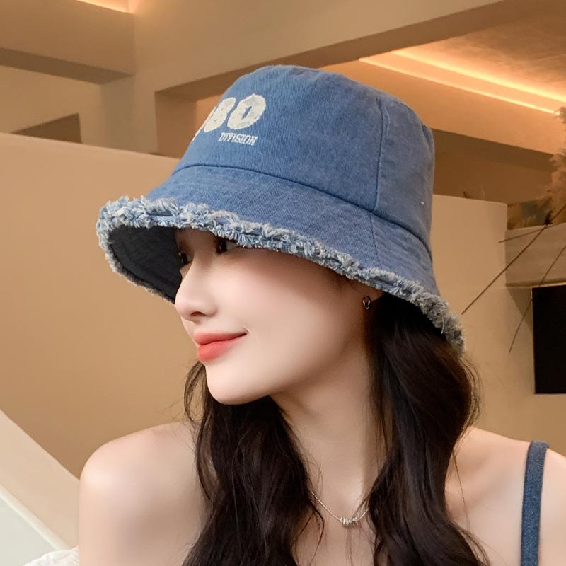 Hat women's new bucket hat denim sun hat face cover versatile letter fashion sunscreen hat